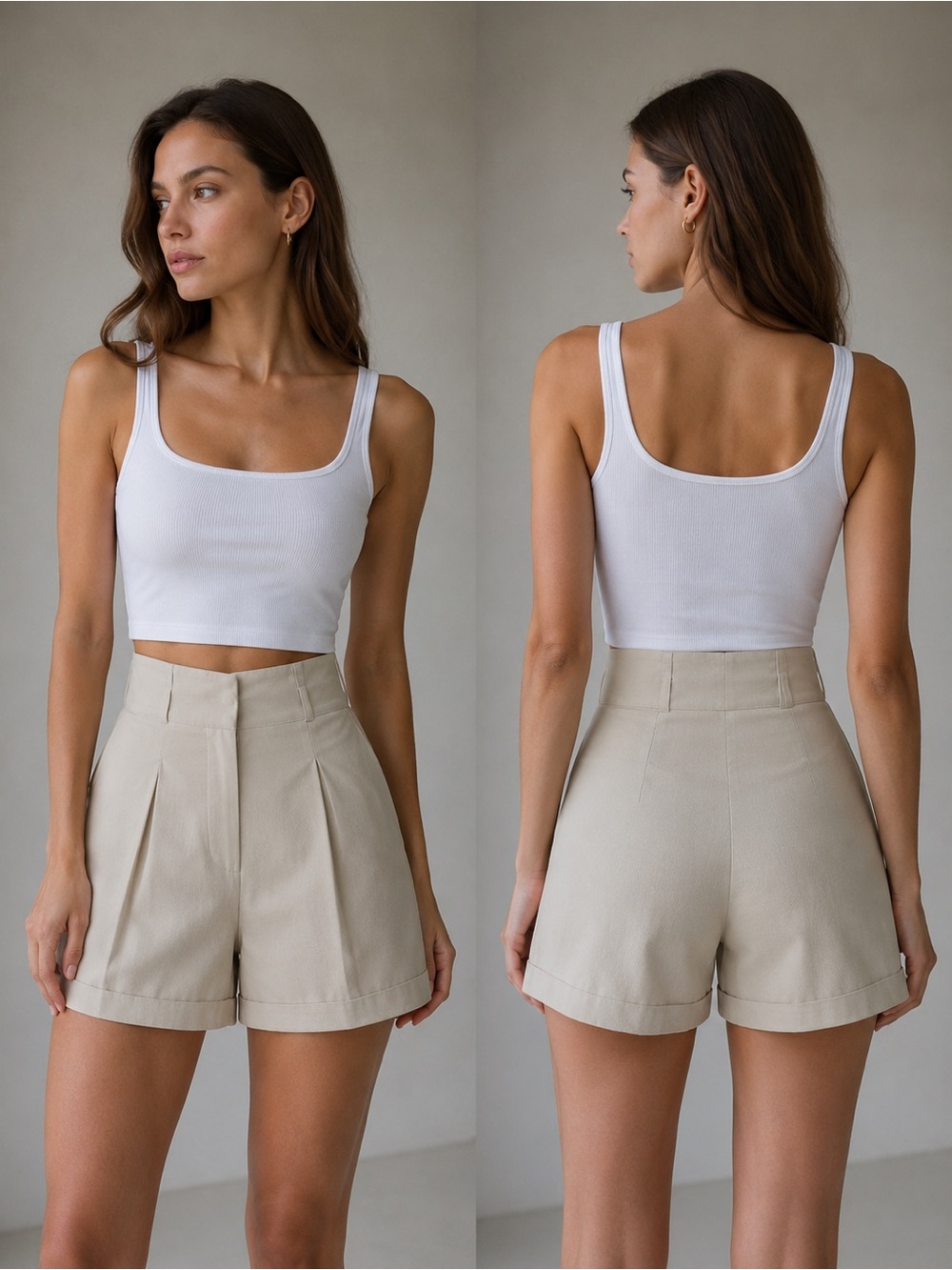 Nasty Gal Cream High-Waist Pleated Shorts viscous blended waste 16 inch length16
